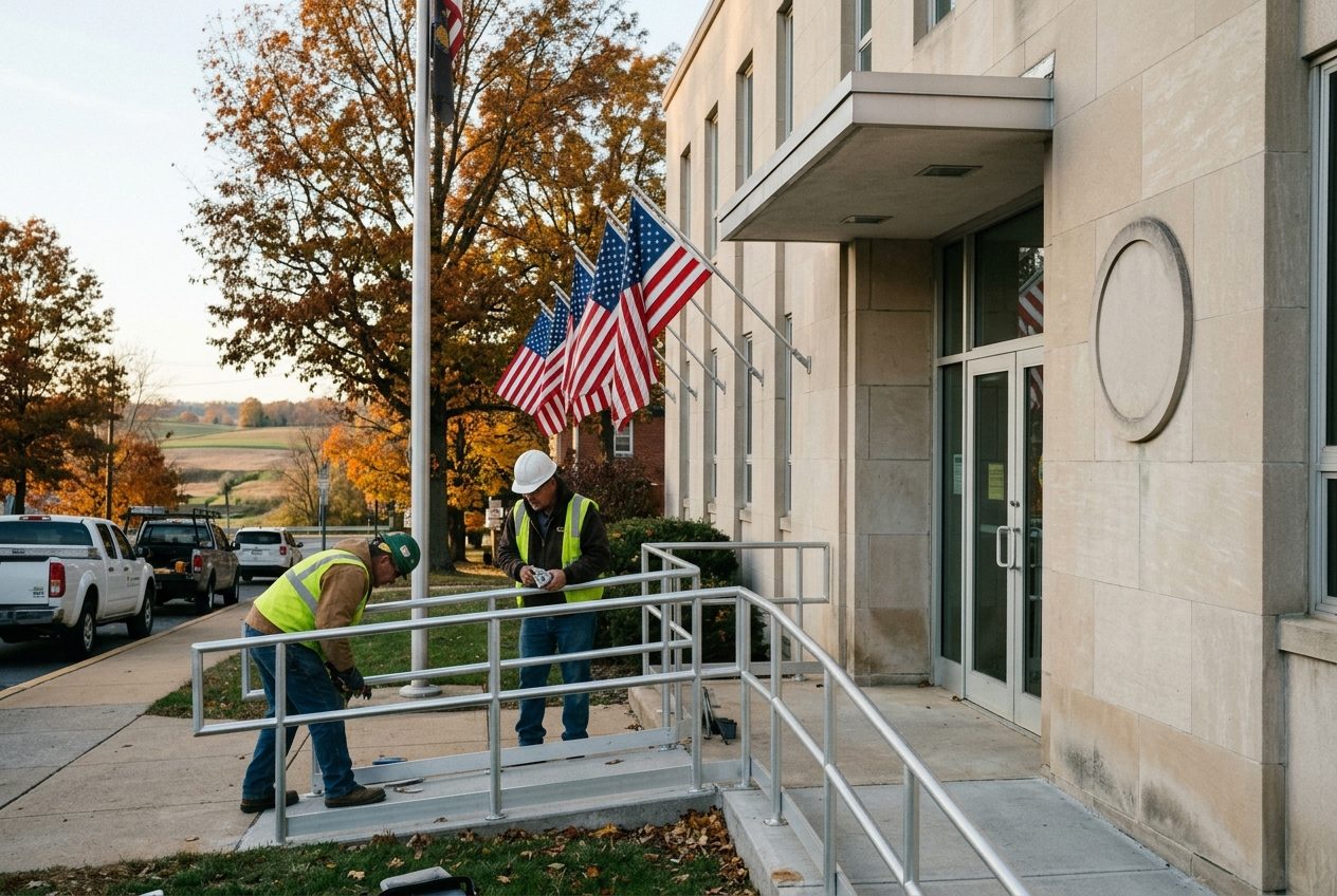 Two workers installing a new accessibility ramp railing at the entrance of a limestone federal building