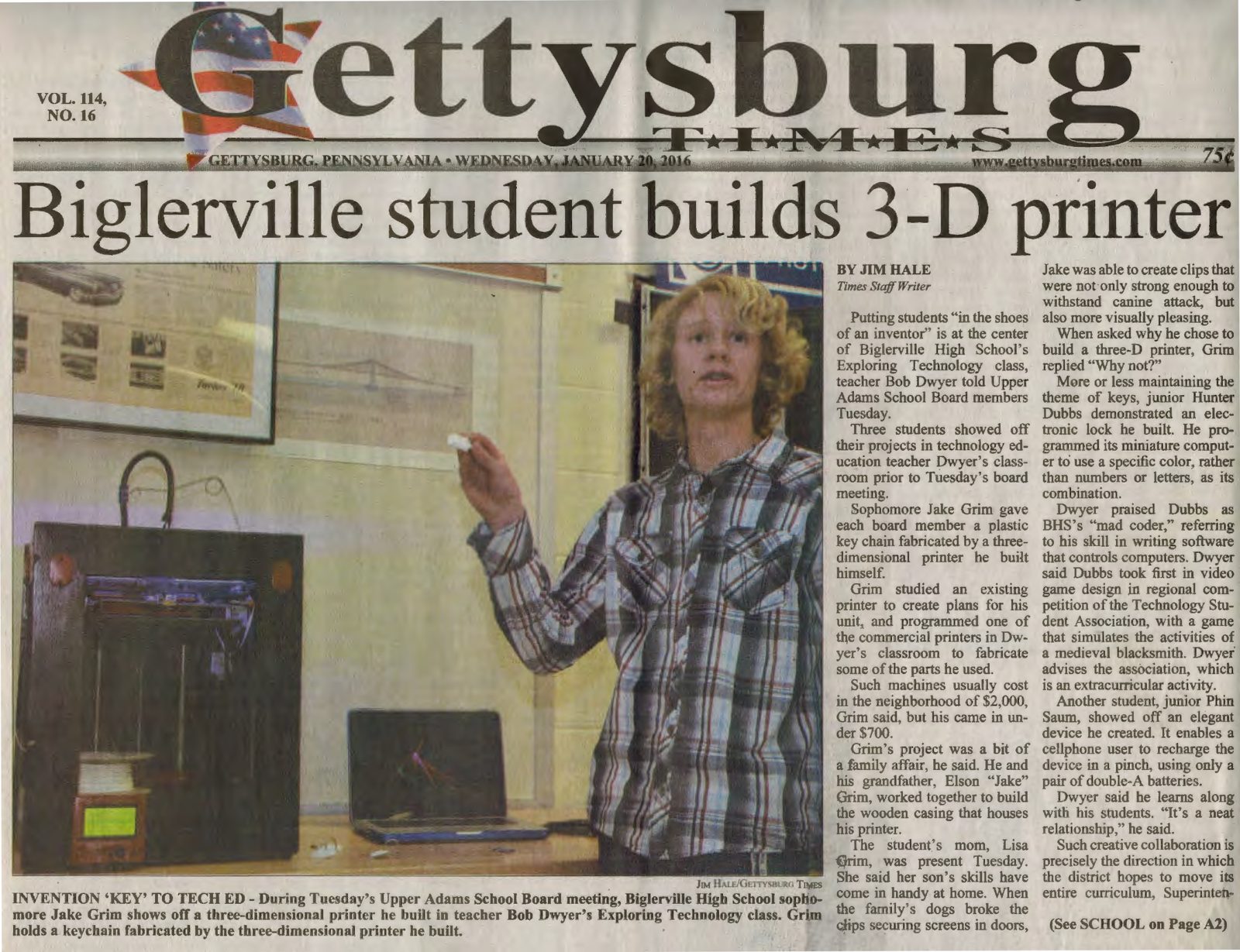 Gettysburg Times front page, January 20, 2016: Biglerville student builds 3-D printer