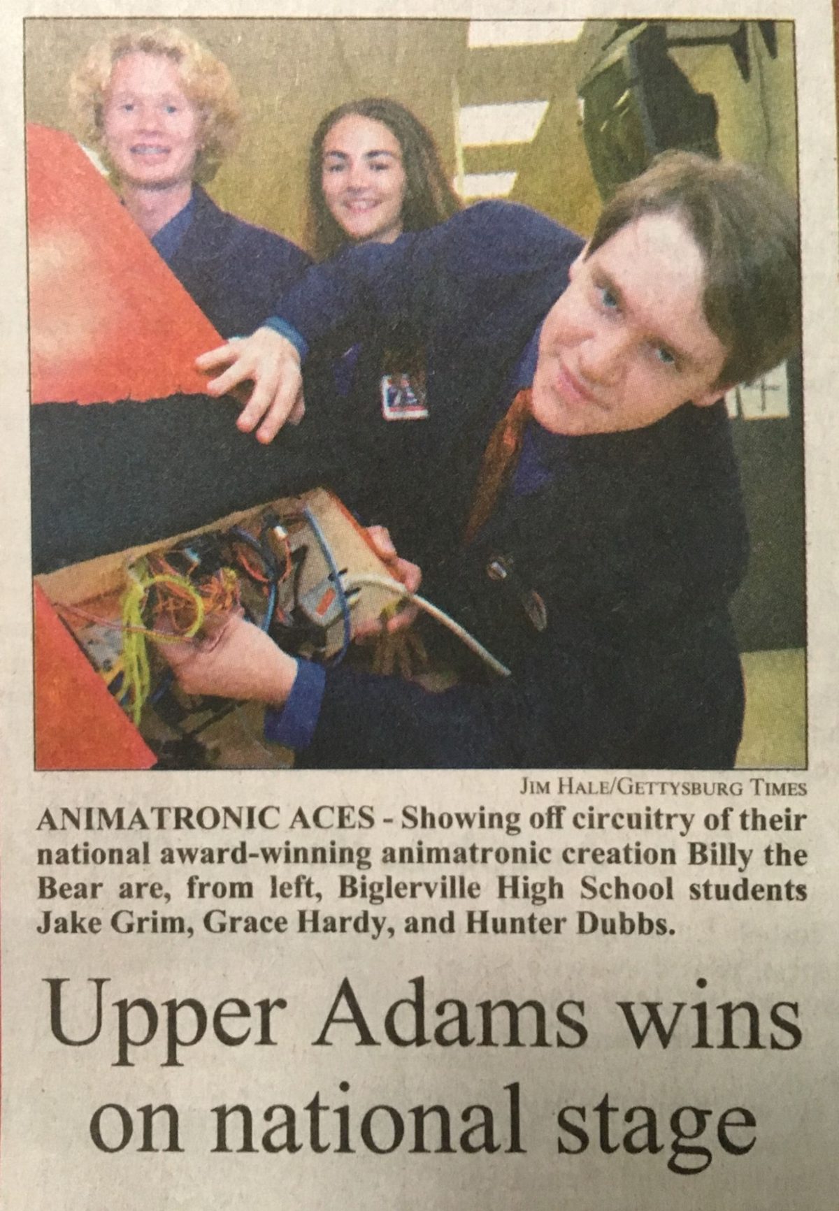 Gettysburg Times, July 2017: Upper Adams wins on national stage, with a photo of the Biglerville team and the circuitry of Billy the Bear