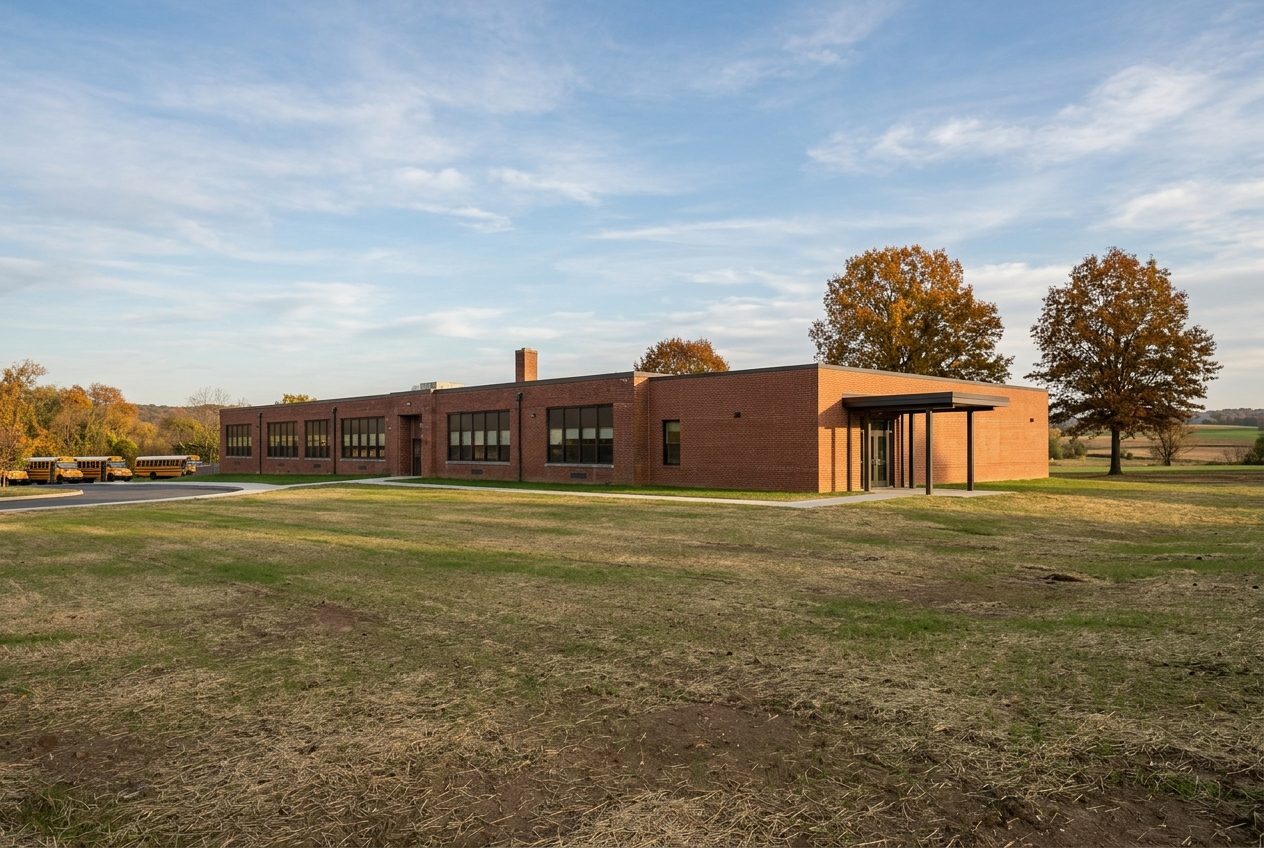 Single-storey brick elementary school with a new addition, school buses at the far left